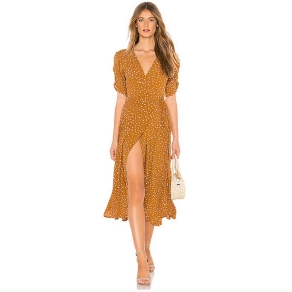 Faithfull the Brand Chiara Mustard Polka Dot Wrap Midi Dress